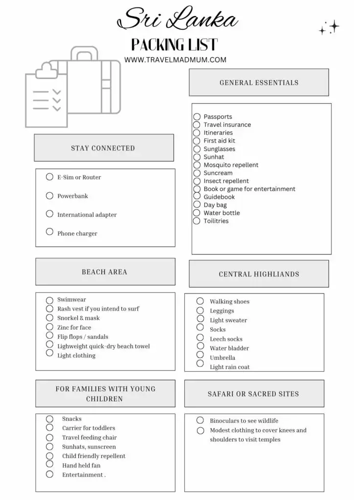 SRI LANKA PACKING LIST 